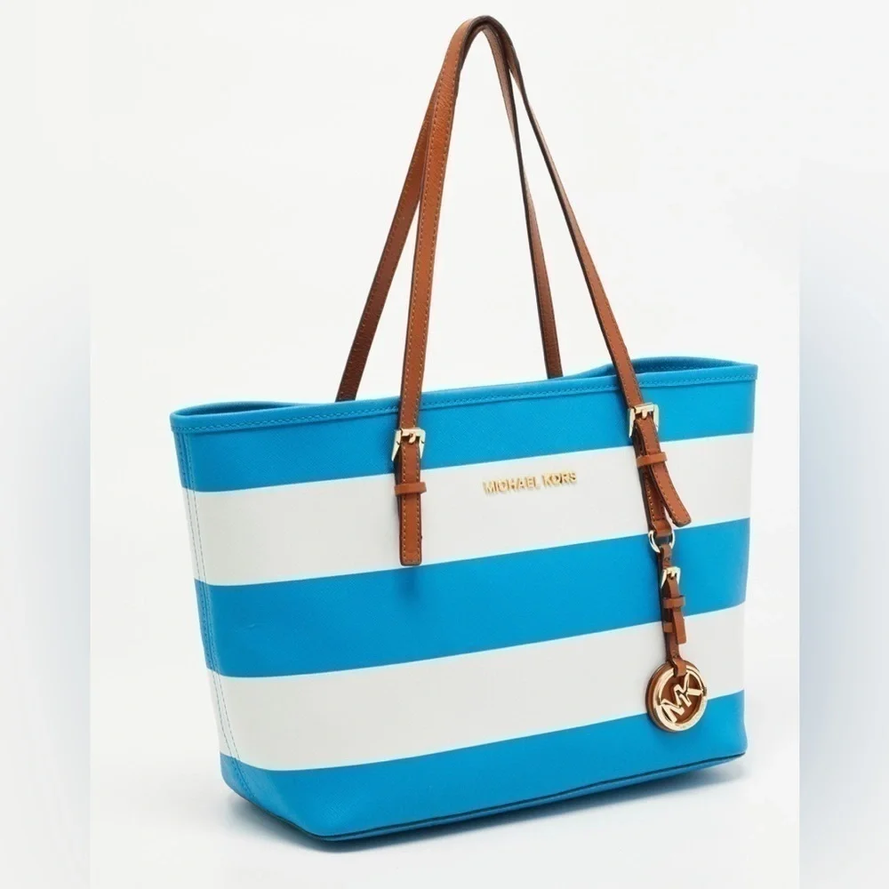 Michael Kors Large Teal White Striped Jet Coated Canvas Leather Tote Bag